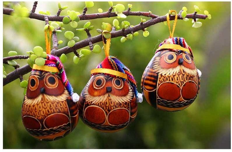 Mate Gourd Christmas Ornaments, 'Christmas Owls' Set of 6